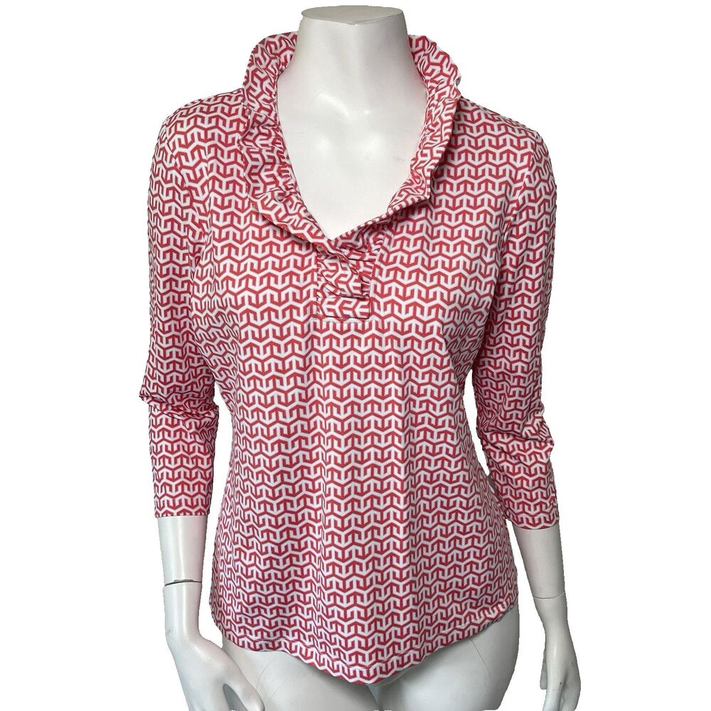 J. McLaughlin 3/4 Sleeve Durham Top Ruffle Neck Catalina Cloth Coral White M